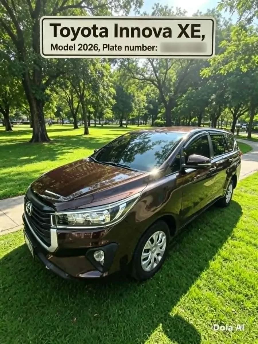 Dark brown 2026 Toyota Innova XE seven-seater parked on grass under trees